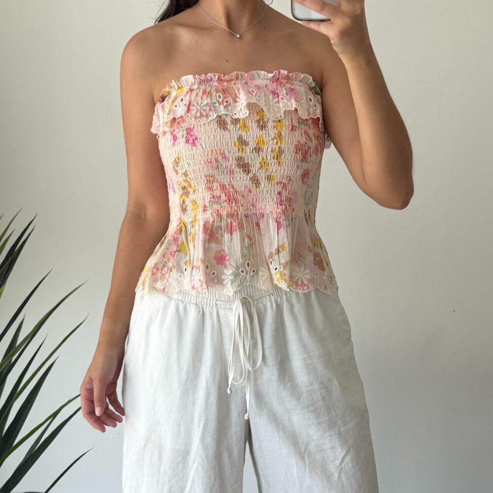 Polo Ralph Lauren Top Small Floral Strapless Smocked Eyelet Coquette Romantic - Picture 2 of 8